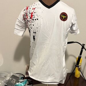 Men's White V-Neck Graphic Shirt with Red & Black Accents